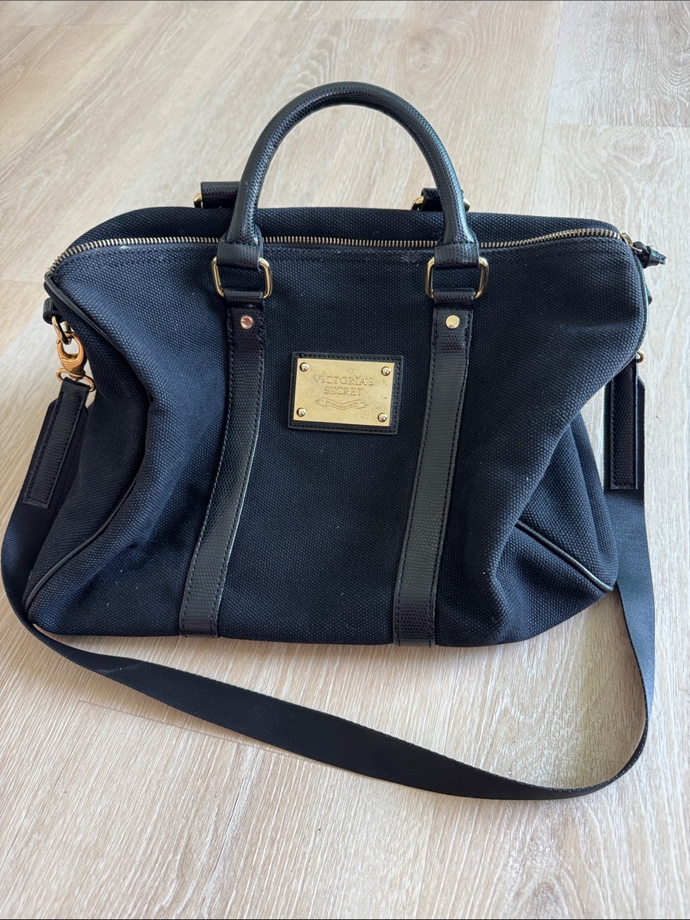 Victoria's Secret Black Canvas Satchel with Gold Plaque